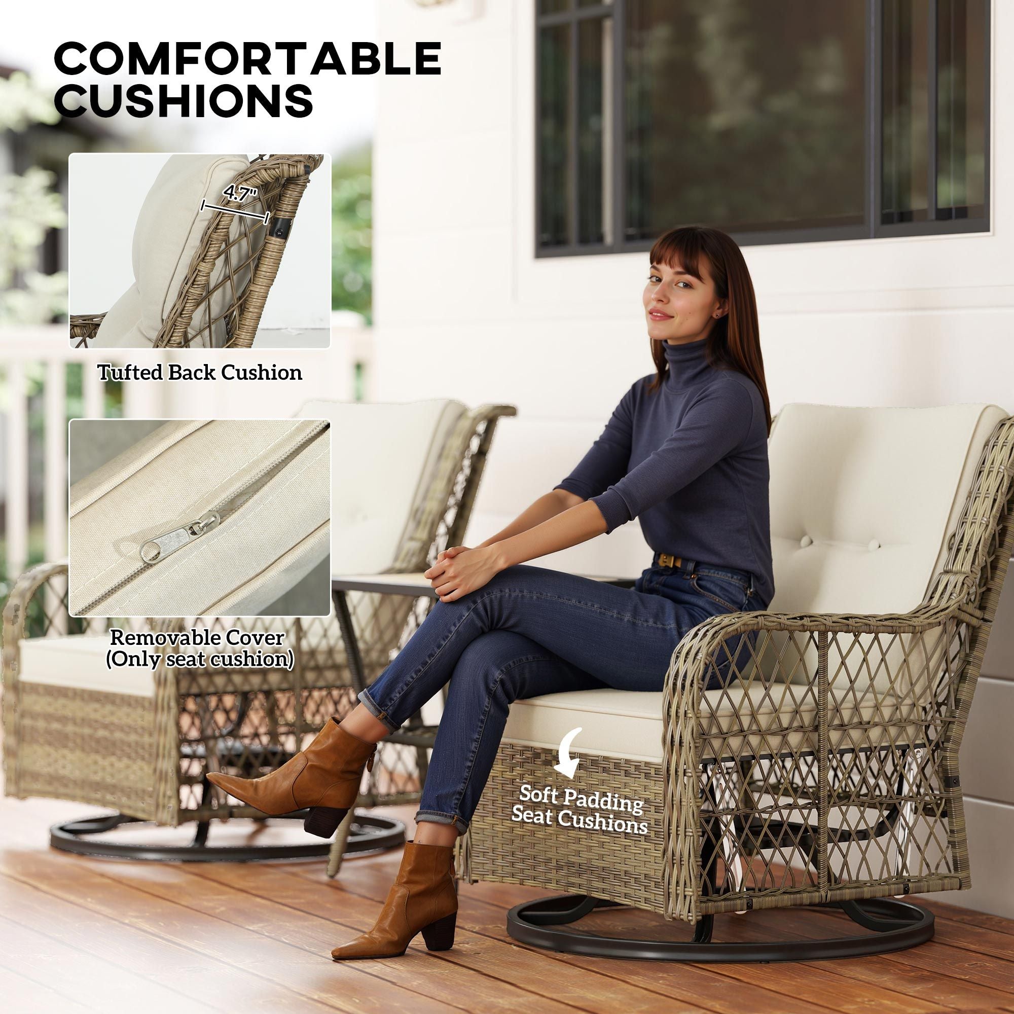 Outsunny 3 Piece Outdoor Bistro Set, Wicker Small Patio Furniture Set with Swivel Glider Chairs for Balcony, Porch, Beige