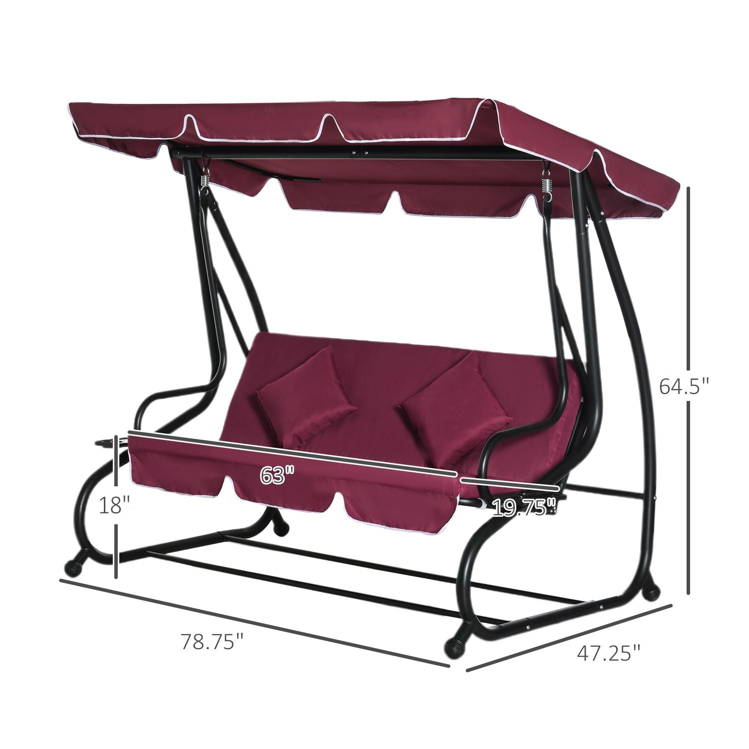 Outsunny 3-Seater Swing Bench with Stand Red Cushioned Outdoor Porch Swing Comfortable Canopy Included