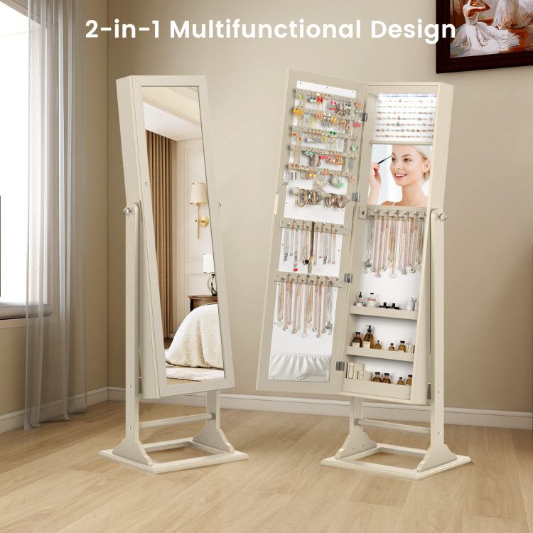 Freestanding Lockable Jewelry Armoire with Full-Length Mirror and 6 LED Lights