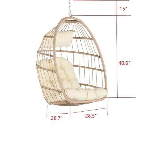 Outdoor Garden Egg-Shaped Wicker Hanging Chair, Wood Frame with Khaki Cushion, Patio Swing Chair for Porch, Balcony, Backyard, Indoor/Outdoor Use, Comfortable and Stylish Lounger Seat