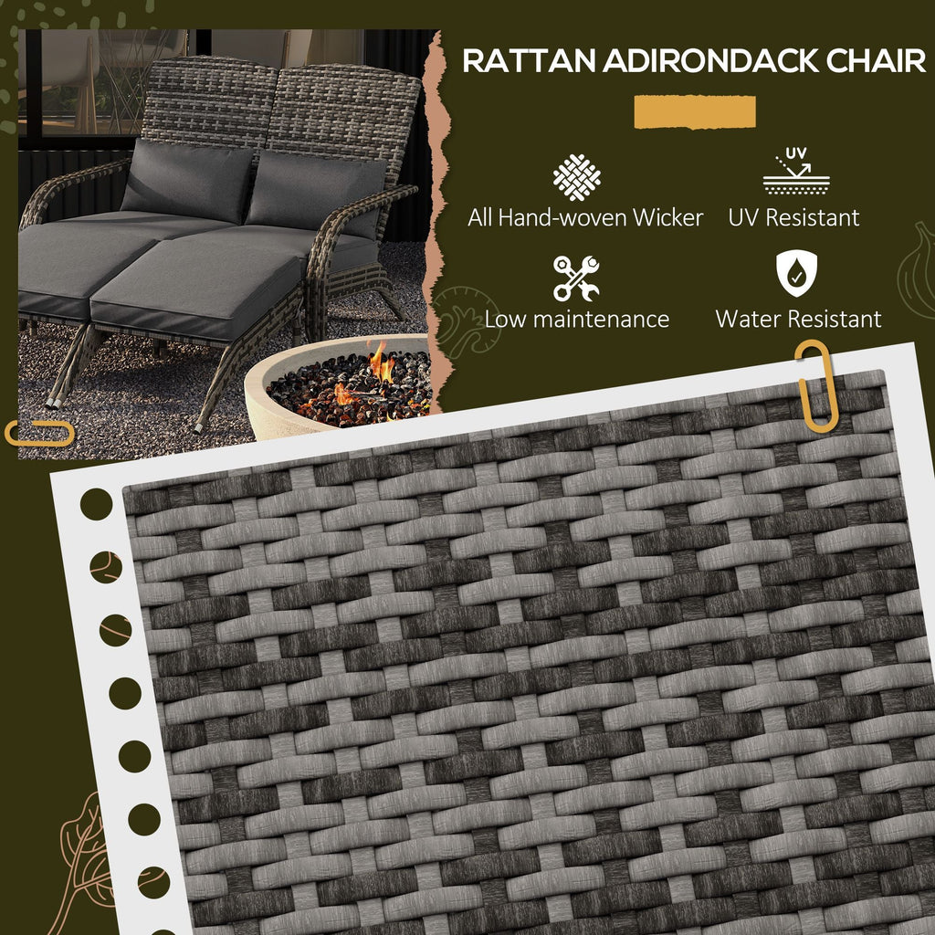 Outsunny Wicker Adirondack Chair for 2 with Cushions & Footrests, PE Rattan Double Chaise Lounge Chair, Fire Pit Chair for Porch with High-back, Wide Armrests, Mixed Gray