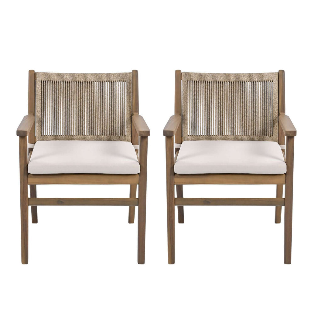 Outdoor Dining Chairs Set of 2, Acacia Wood Patio Armchair with Rope Design Back and Water Repellent Cushion, Light Brown, 400lbs Weight Capacity