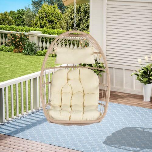 Outdoor Garden Egg-Shaped Wicker Hanging Chair, Wood Frame with Khaki Cushion, Patio Swing Chair for Porch, Balcony, Backyard, Indoor/Outdoor Use, Comfortable and Stylish Lounger Seat