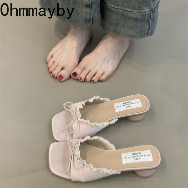 Designer Summer Butterfly-knot Lace Women Slippers Casual Thick Low Heel Dress Street Style Slides