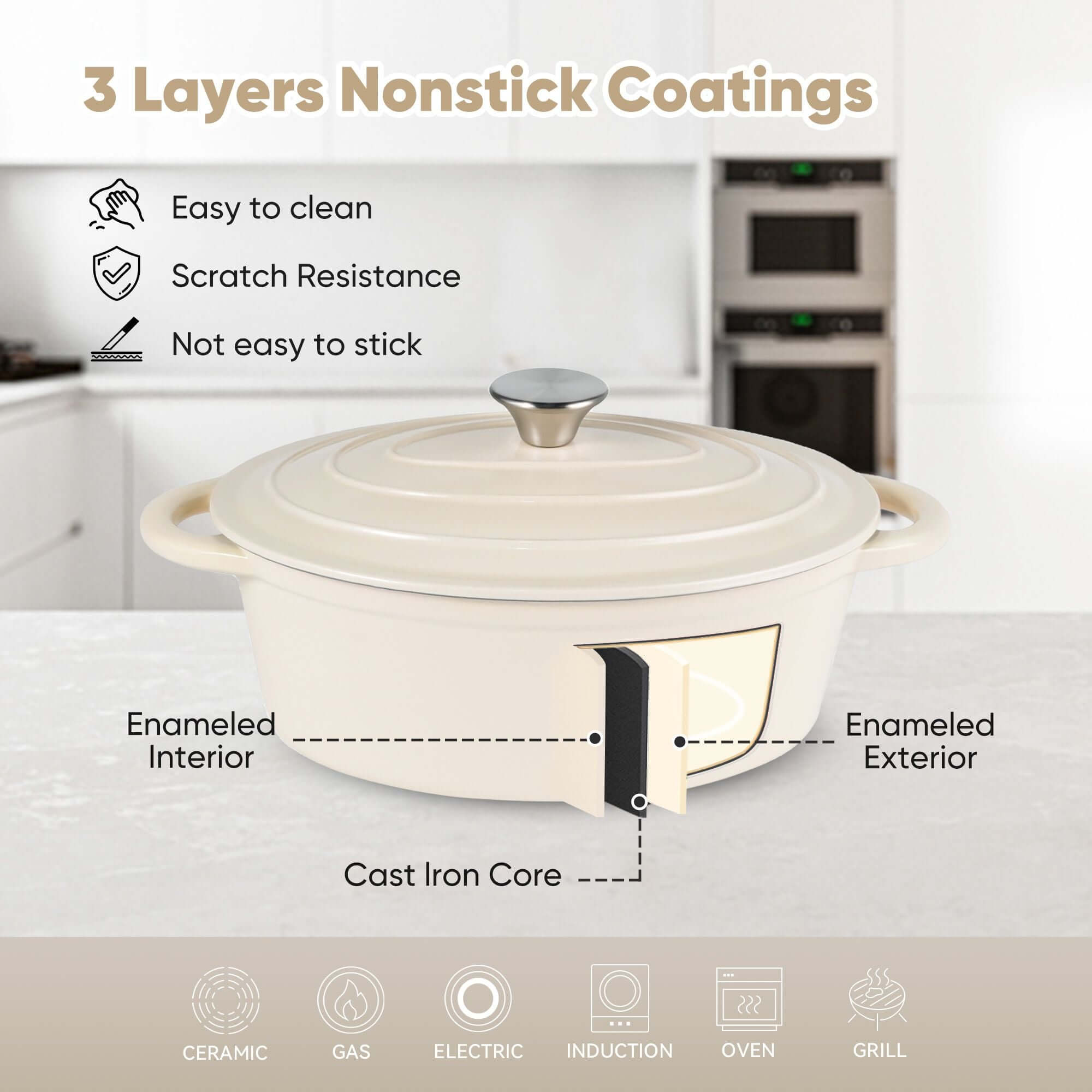 Cast iron soup POTS are suitable for various tools, such as ceramic, gas, induction cookers or barbecue grills. It can be used for cooking, baking and refrigeration.