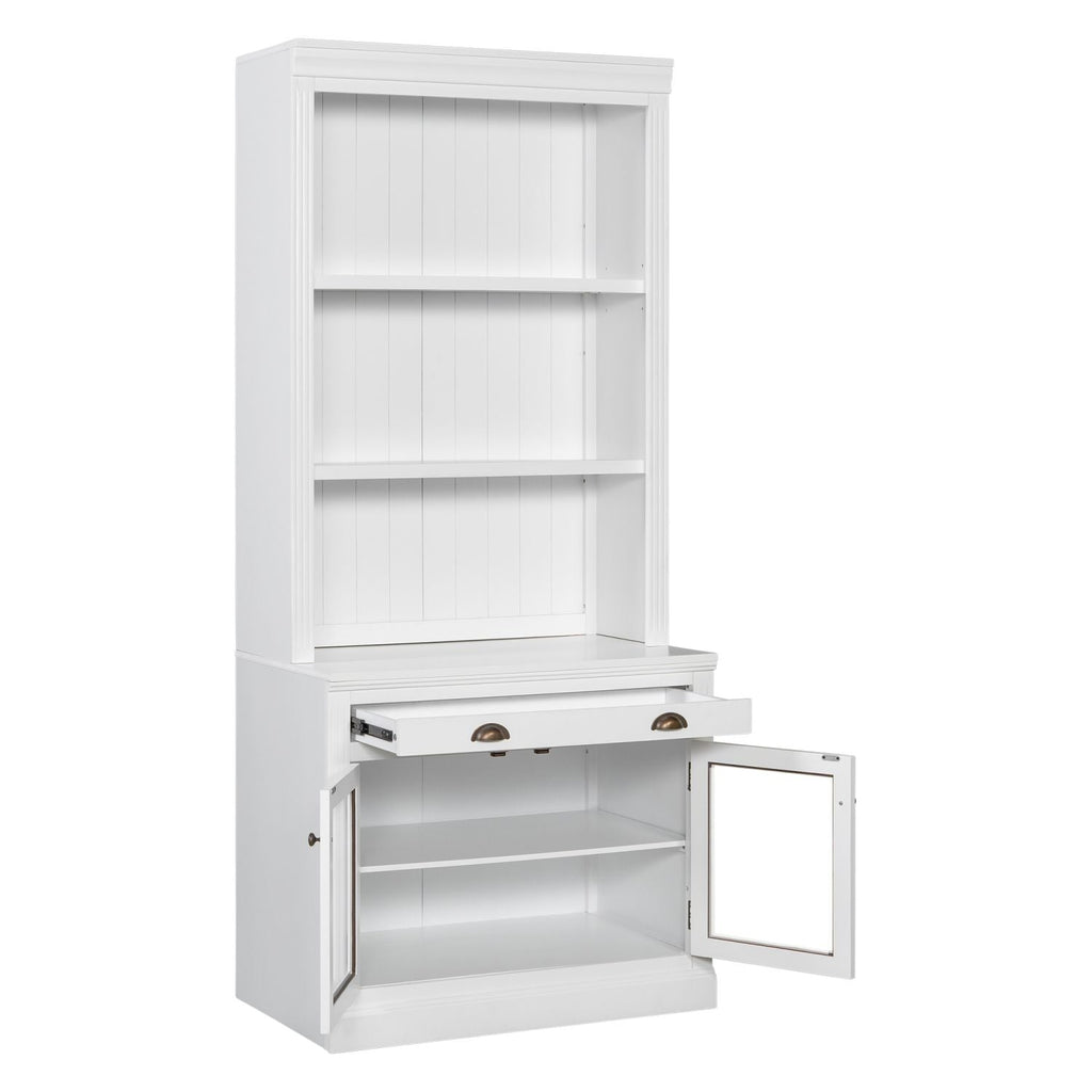 83.4"Tall Bookshelf with LED Lighting, Modern Bookcase with 2 Glass Doors and 1 Drawer,Storage Bookcase with Open Shelves for Living Room,Home Office,White