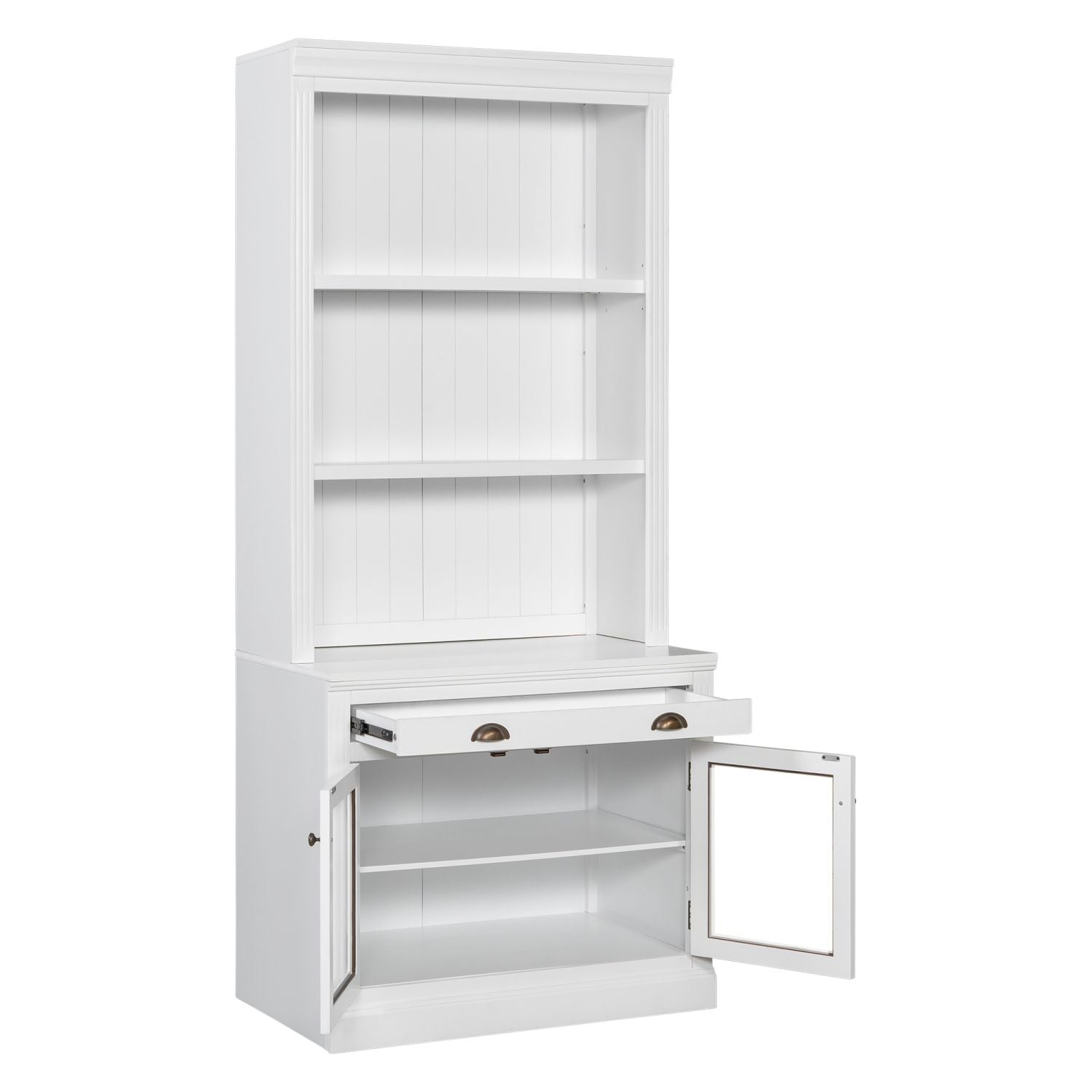 83.4"Tall Bookshelf with LED Lighting, Modern Bookcase with 2 Glass Doors and 1 Drawer,Storage Bookcase with Open Shelves for Living Room,Home Office,White