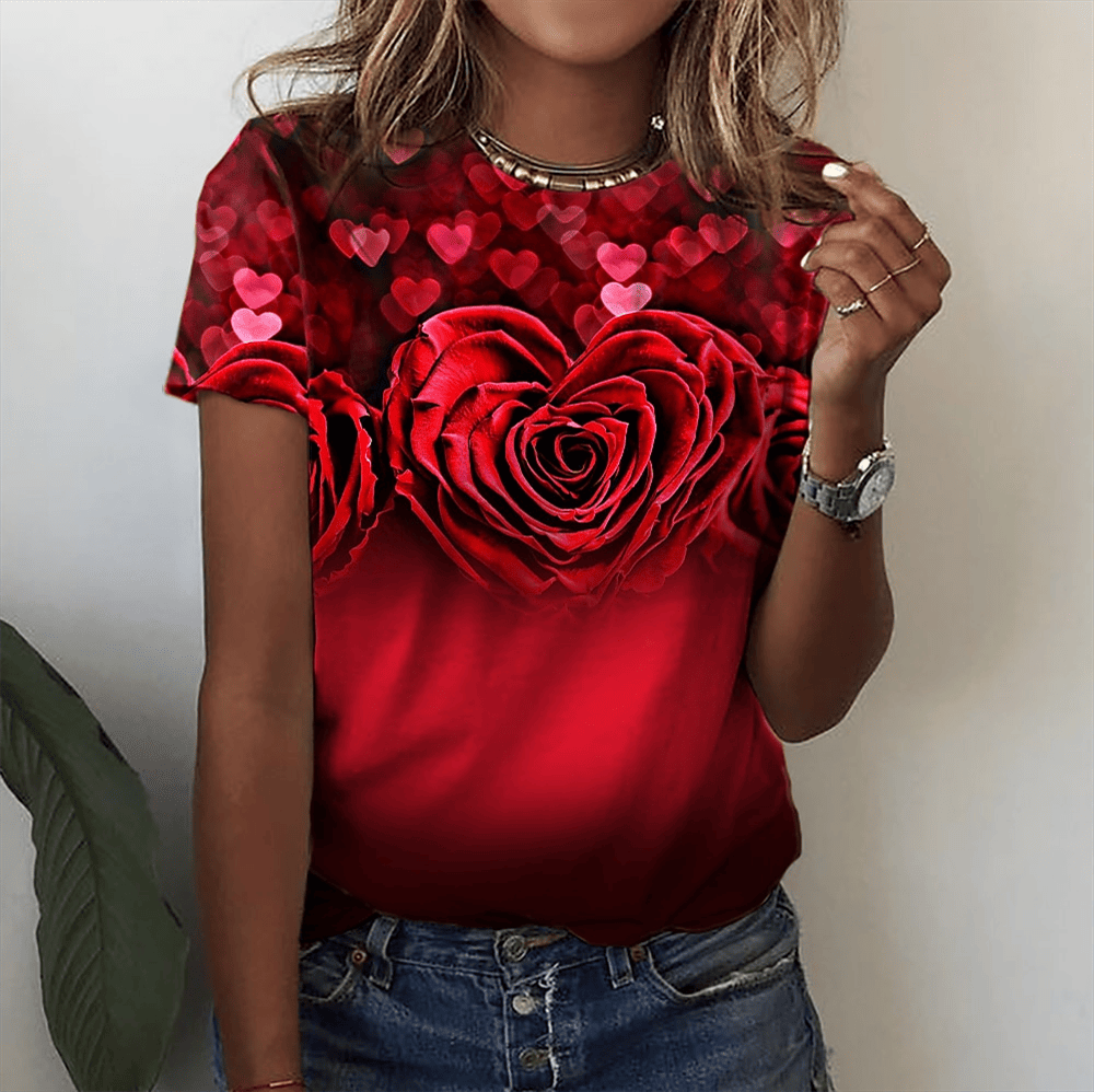 Fashion Women Blouse 2023 Sexy Tops For Woman 3D Rose Printing Short Sleeve Tees Female T-shirts Plus Sized Women's Y2k Clothes