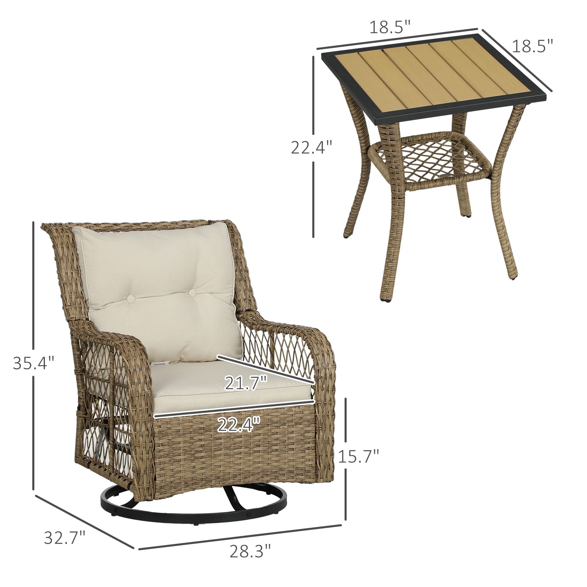 Outsunny 3 Piece Outdoor Bistro Set, Wicker Small Patio Furniture Set with Swivel Glider Chairs for Balcony, Porch, Beige