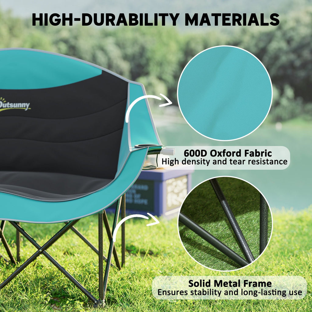 Padded Folding Camp Chair for Adults, Double Camping Chairwith Armrests, Cup Holders, Carry Bag for Outdoor, Green