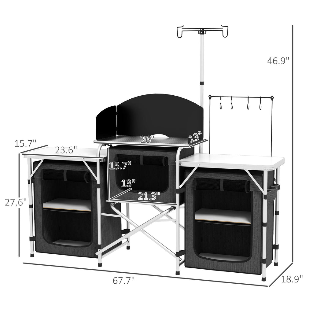 Portable Camping Kitchen Table with Storage Windshield for BBQ Picnic Black