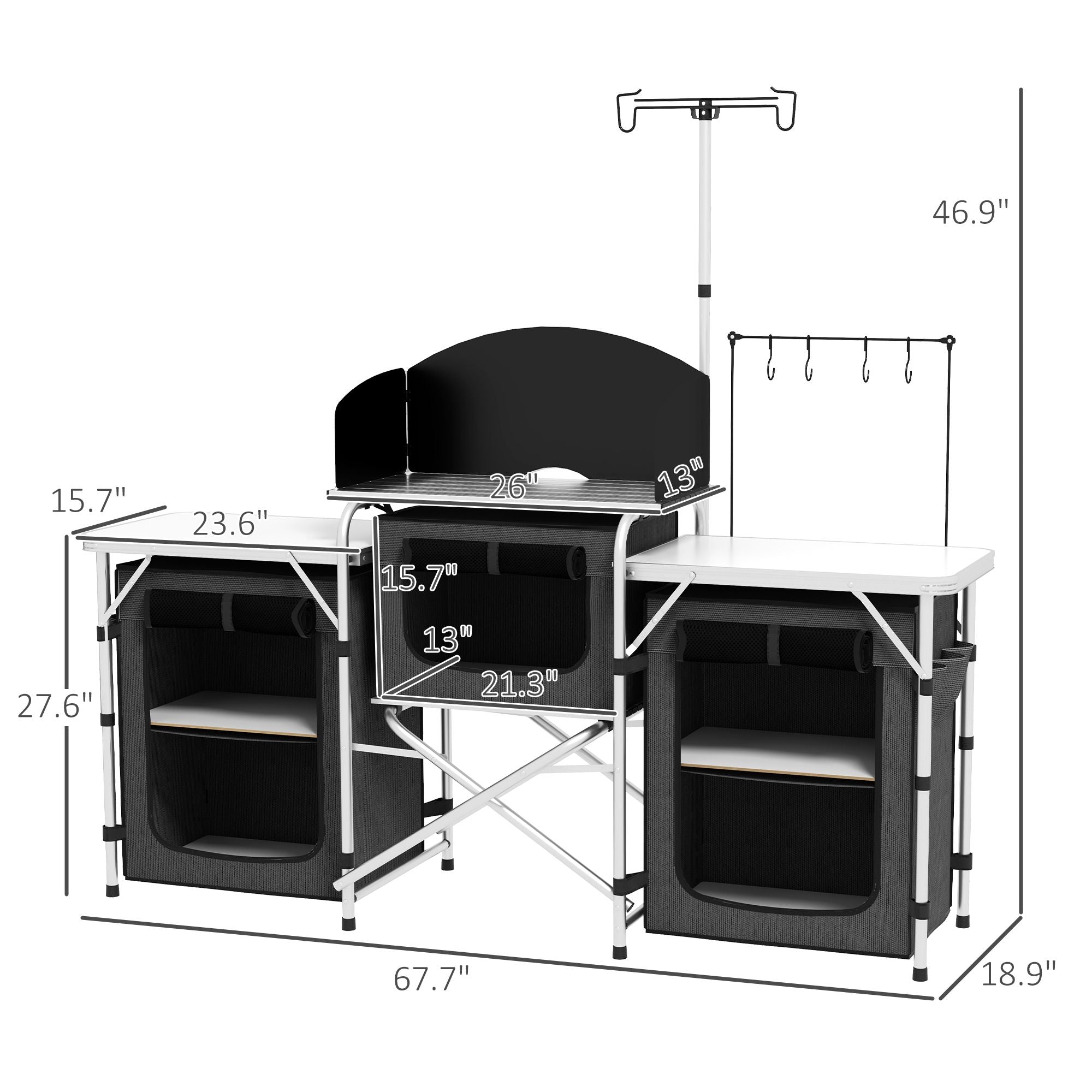 Portable Camping Kitchen Table with Storage Windshield for BBQ Picnic Black