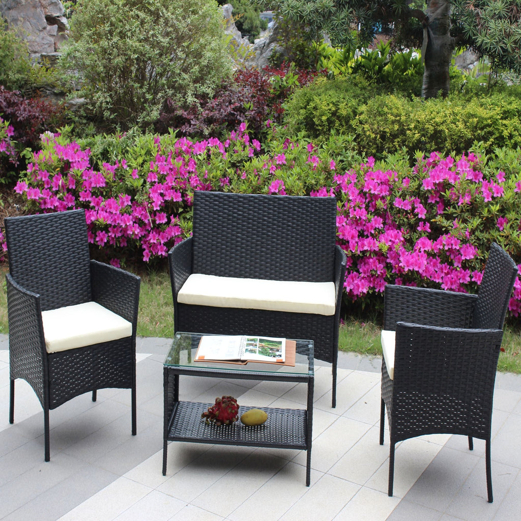 4 PC Rattan Patio Furniture Set Outdoor Patio Cushioned Seat Wicker Sofa