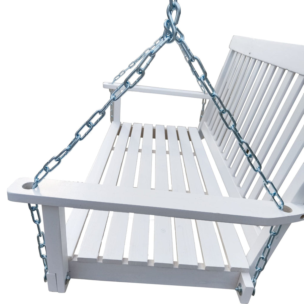 Front Porch Swing with Armrests;  Wood Bench Swing with Hanging Chains; for Outdoor Patio ; Garden Yard;  porch;  backyard;  or sunroom; Easy to Assemble; white