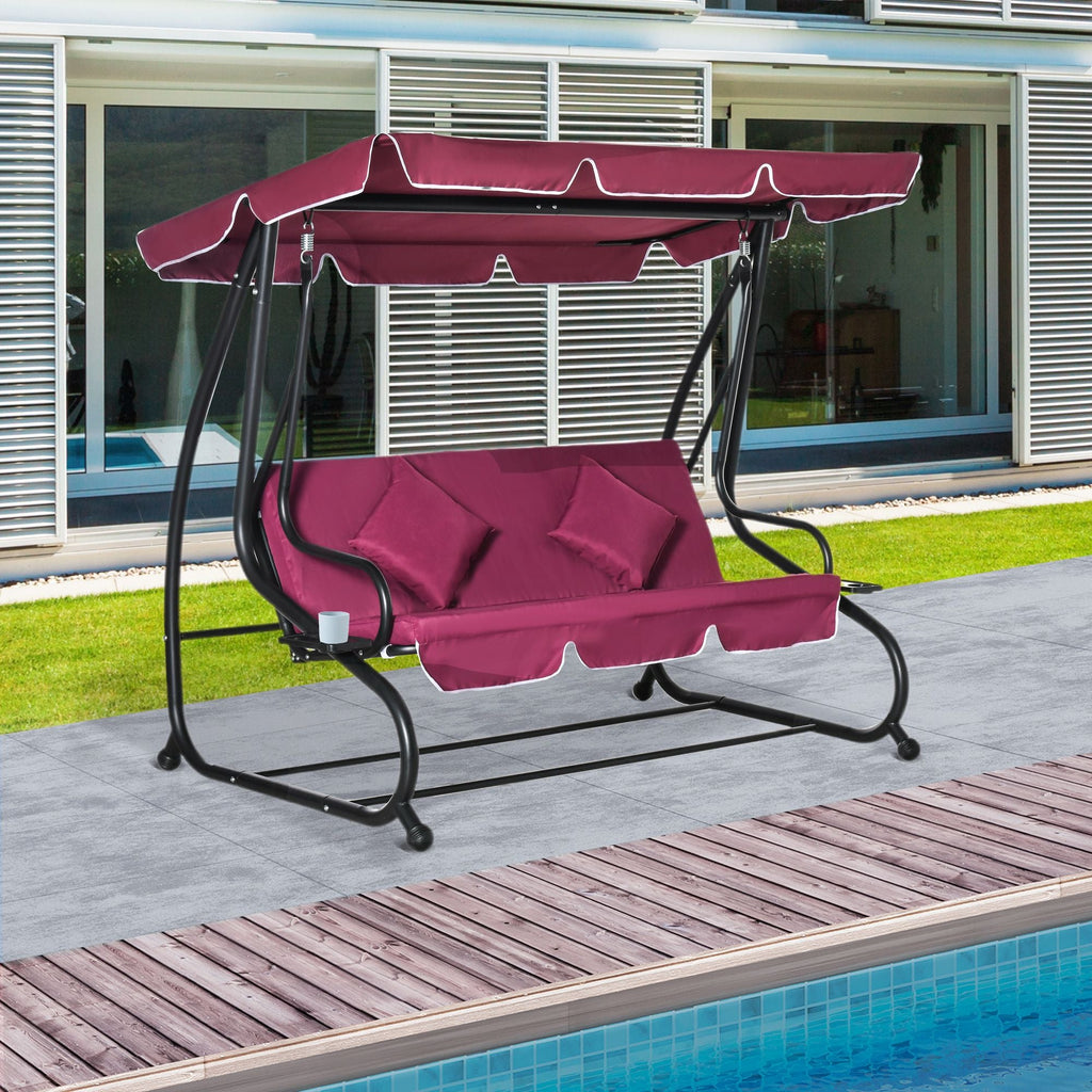 Outsunny 3-Seater Swing Bench with Stand Red Cushioned Outdoor Porch Swing Comfortable Canopy Included