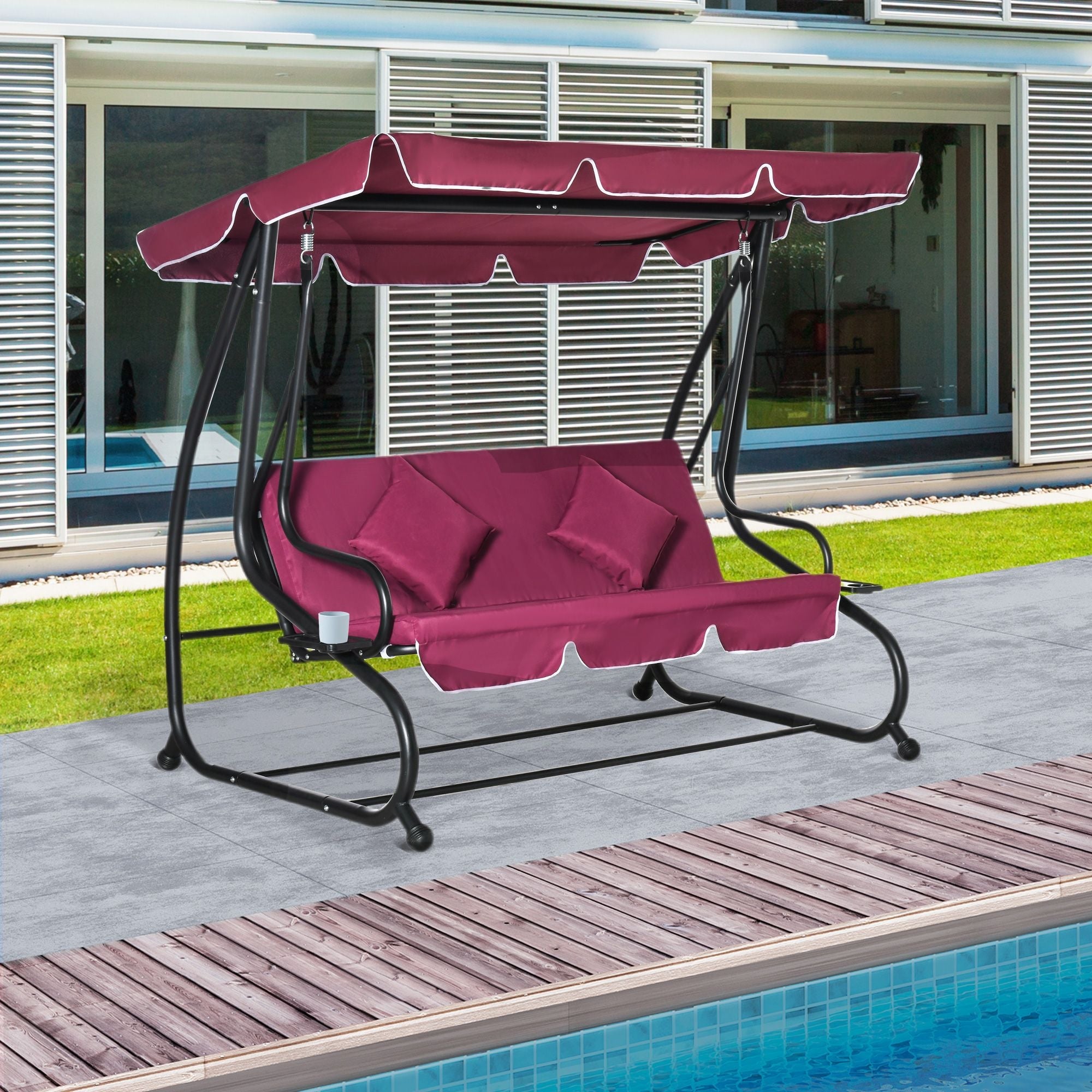 Outsunny 3-Seater Swing Bench with Stand Red Cushioned Outdoor Porch Swing Comfortable Canopy Included