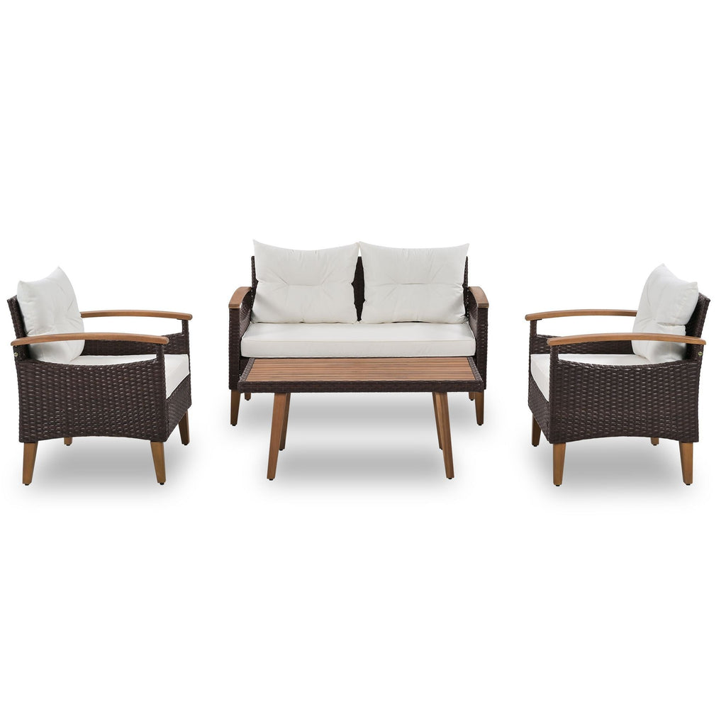 GO 4-Piece Garden Furniture, Patio Seating Set, PE Rattan Outdoor Sofa Set, Wood Table and Legs, Brown and Beige