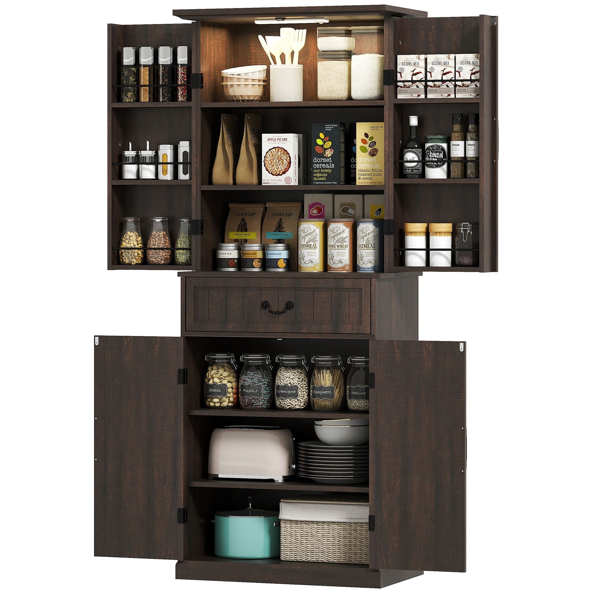 HOMCOM 71" LED Kitchen Pantry Cabinet, Farmhouse Storage Cabinet with Door Shelves, Distressed Brown