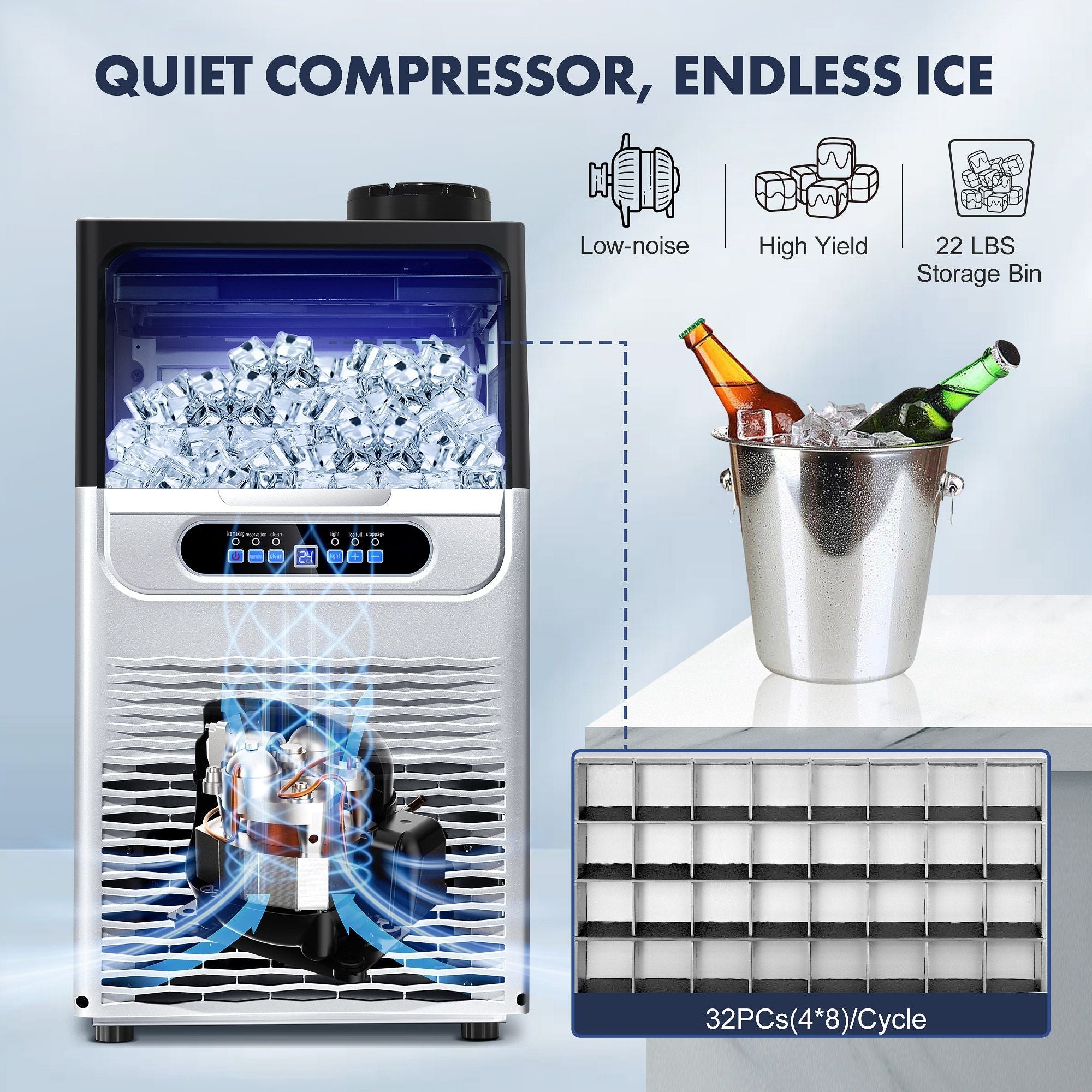 Commercial Ice Maker Machine, 80-110LBS/24H Under Counter Ice Maker, Stainless Steel Freestanding Ice Machine,Self-Cleaning, 2 Water Inlet Modes,Ideal for Restaurant,Home,Bar