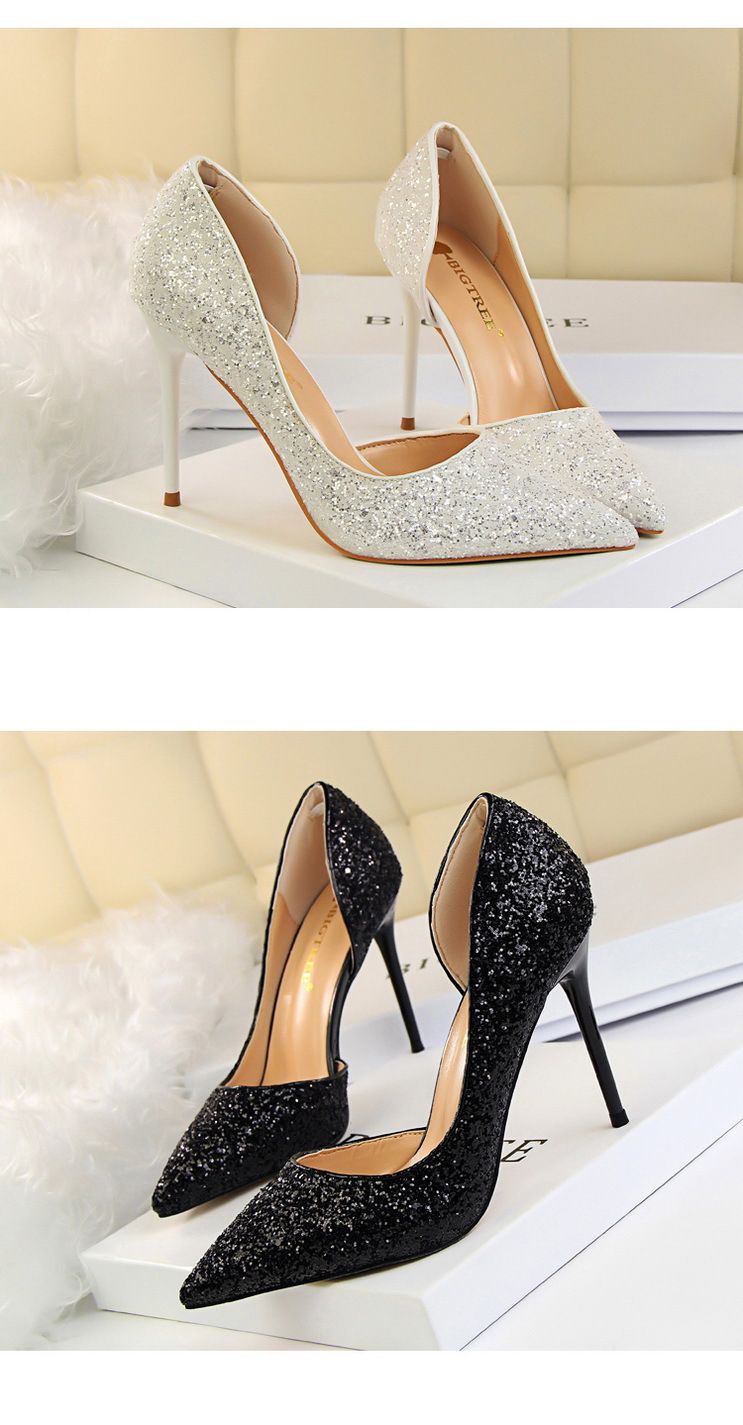 Women's Pumps; sexy women's high-heeled shoes; thin heel pointed leather shoes; hollow sides; sequins decoration
