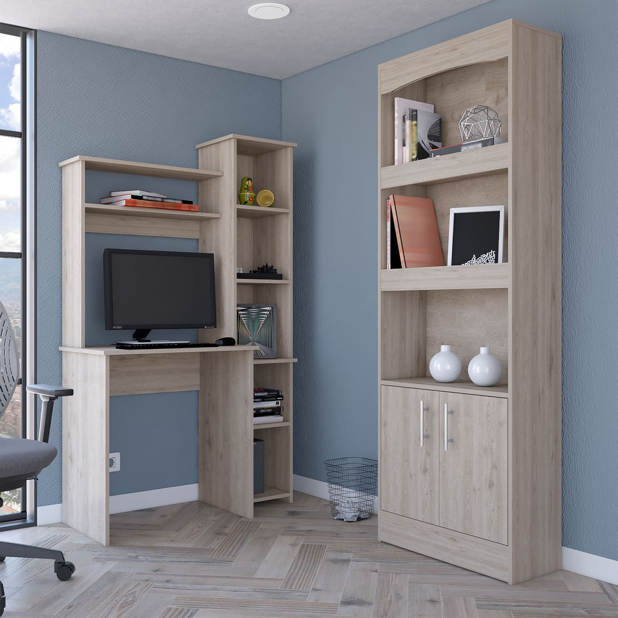 Detroit Two Piece Office Set, Bookcase + Desk, Light Gray