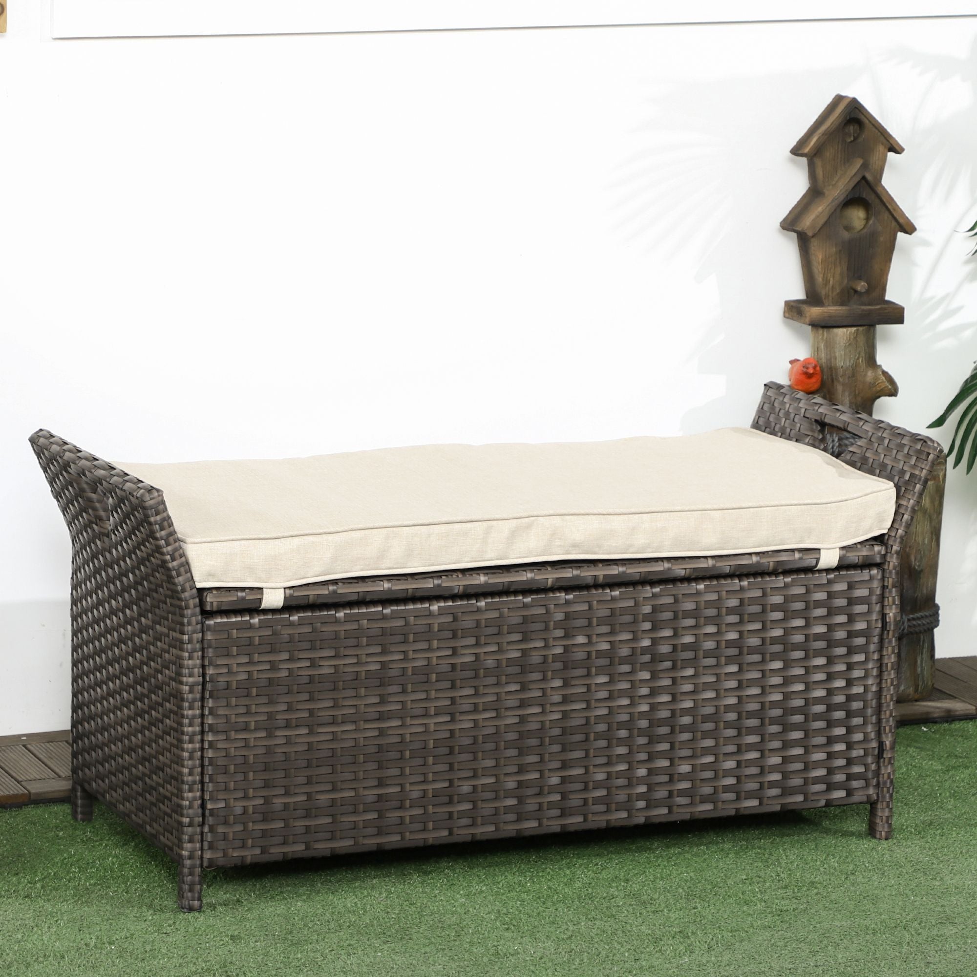 Outsunny Wicker Storage Bench Cream White Outdoor Patio PE Rattan Large Capacity
