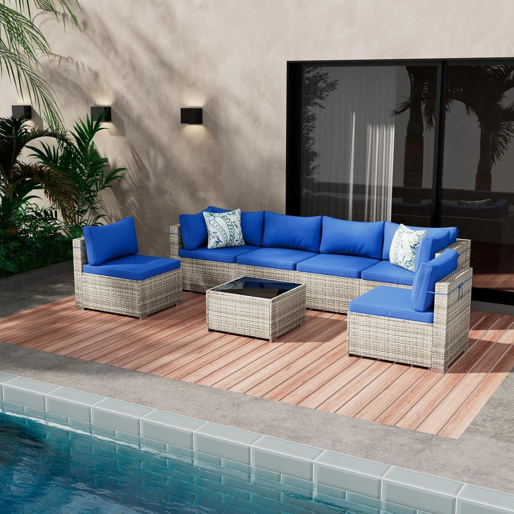 7 Pieces Outdoor Patio Furniture Set, Wicker Patio Conversation Sectional Sofa Set, All Weather PE Rattan Sofa with Glass Table and Cushions