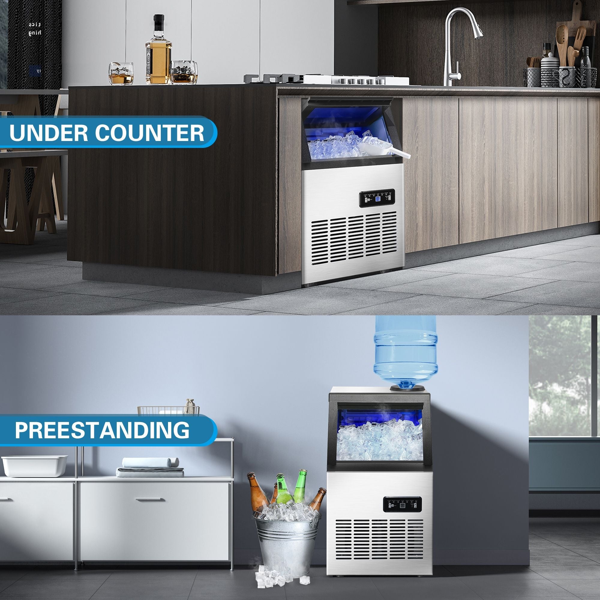 Commercial Ice Maker Machine, 80-110LBS/24H Under Counter Ice Maker, Stainless Steel Freestanding Ice Machine,Self-Cleaning, 2 Water Inlet Modes,Ideal for Restaurant,Home,Bar