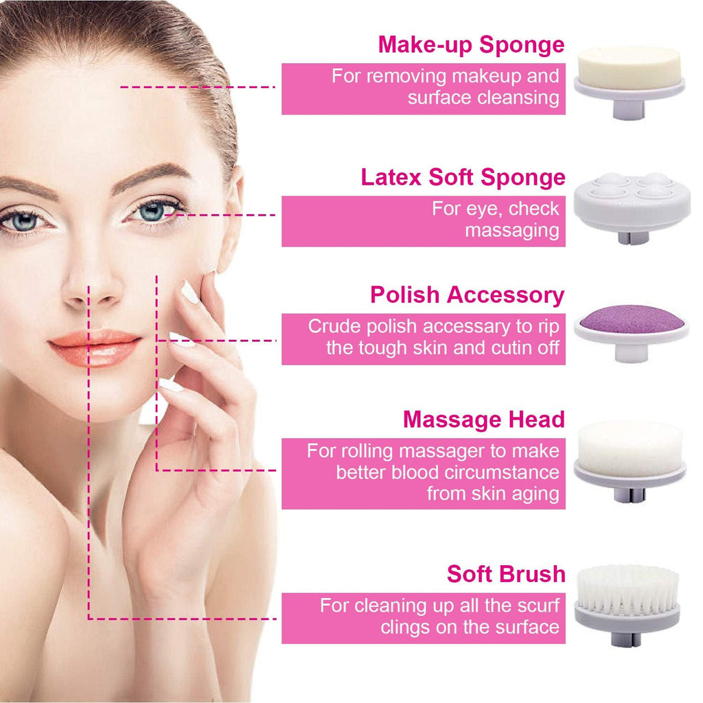 Waterproof Facial Cleansing Brush Face Spin Cleaning Brush Scrubber with 5 Brush Heads for Women