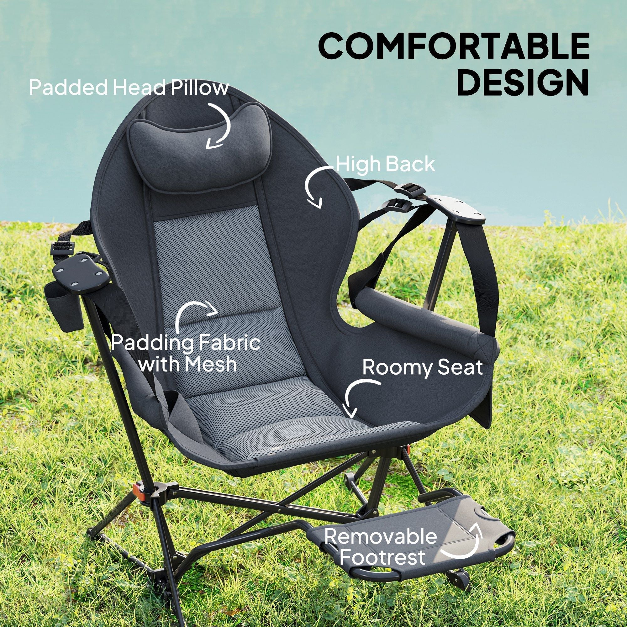 Hammock Camping Chair Set of 2, Adjustable Back Folding Swinging Hammock Chair with Cup Holder, Padded Seat, Dark Gray