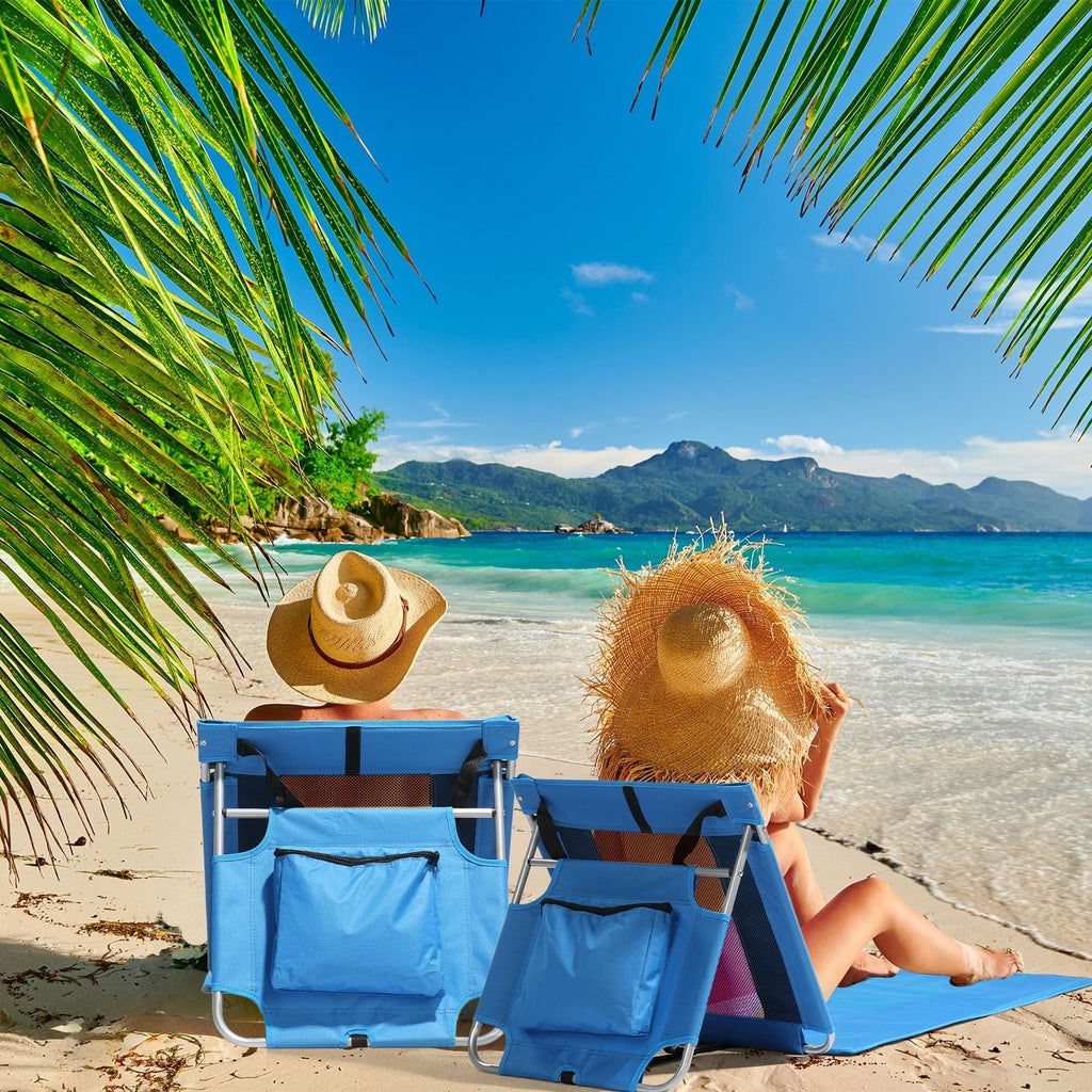 Foldable Outdoor Lounge Chair 174x54cm Blue Beach Sunbed with Cooler Bag Oxford Cloth and Iron Frame Breathable Mesh Portable Reclining Cot for Camping Patio Poolside