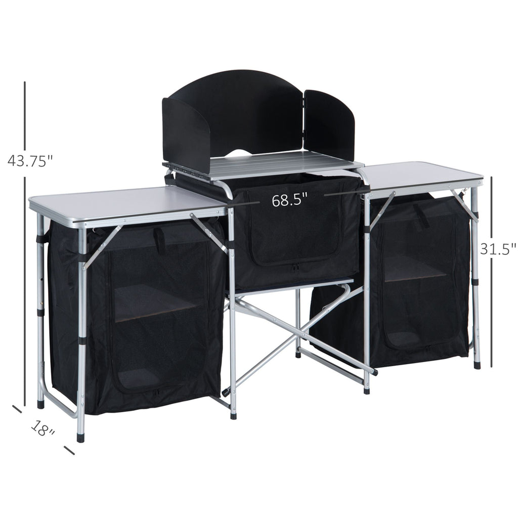 Portable Camping Kitchen Aluminum Table Windscreen 3 Cupboards BBQ Black