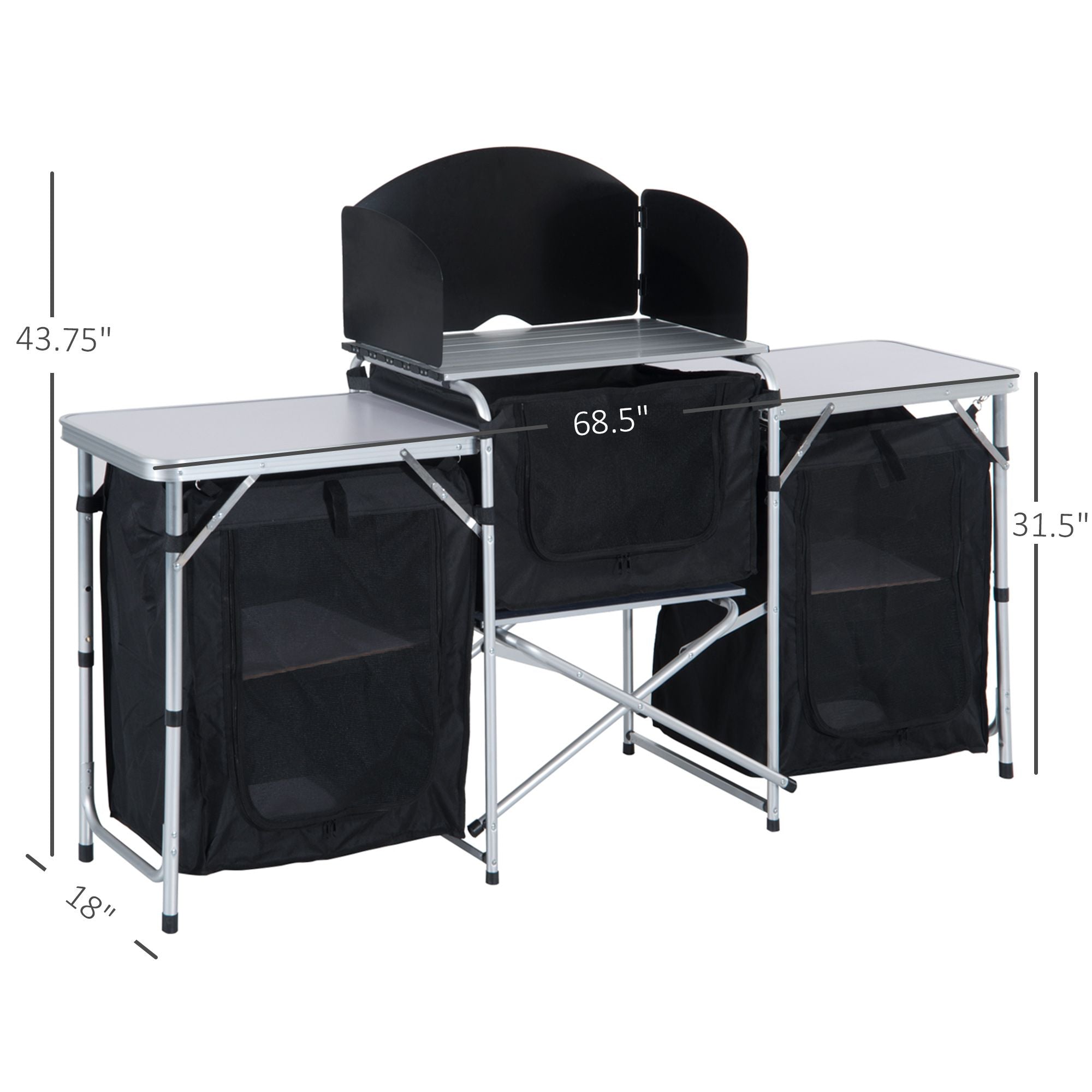 Portable Camping Kitchen Aluminum Table Windscreen 3 Cupboards BBQ Black
