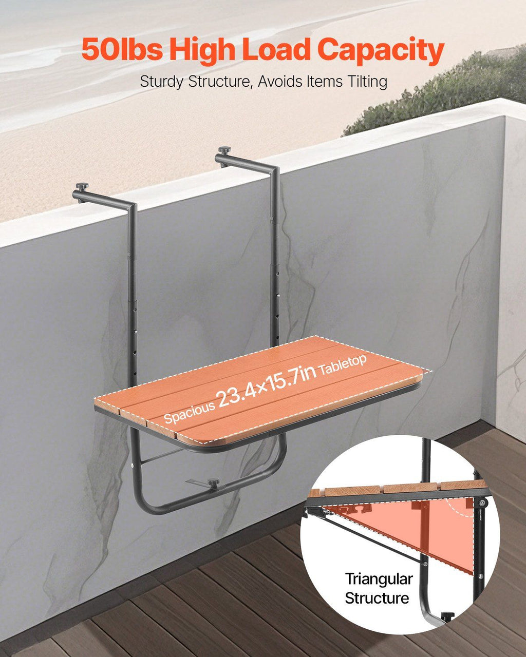 Balcony Hanging Table 25 x 24 in Outdoor Patio Railing Bar Table Adjusable