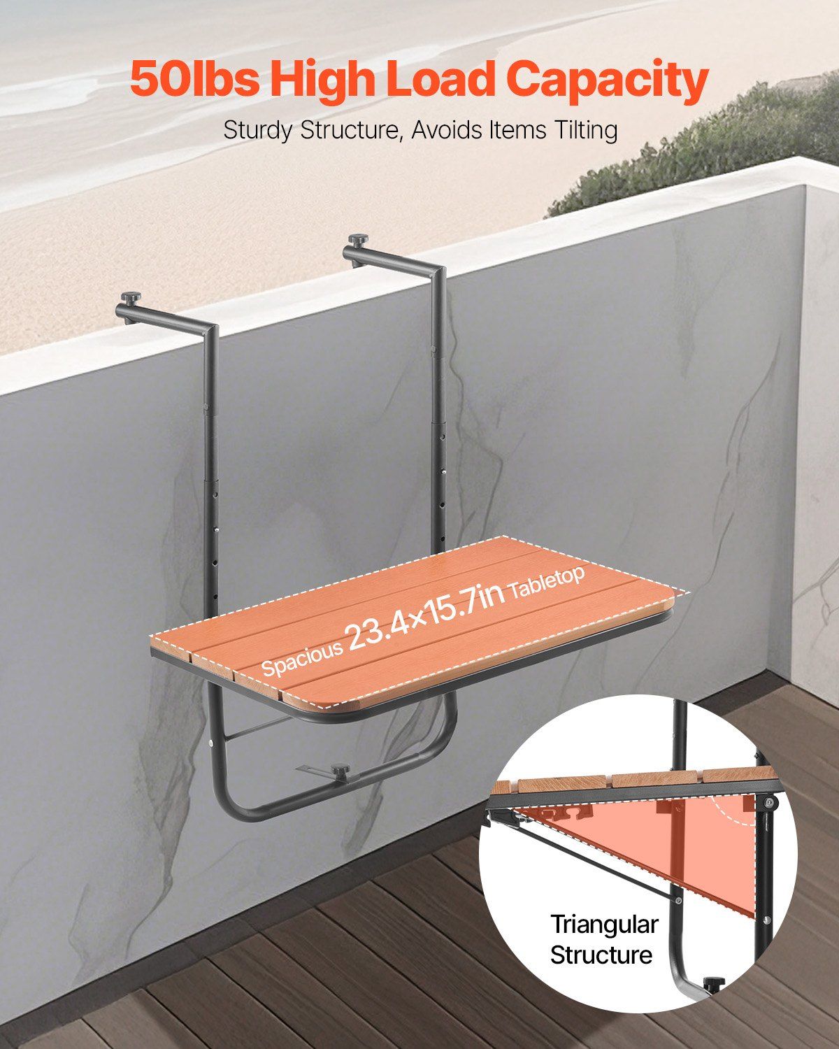 Balcony Hanging Table 25 x 24 in Outdoor Patio Railing Bar Table Adjusable