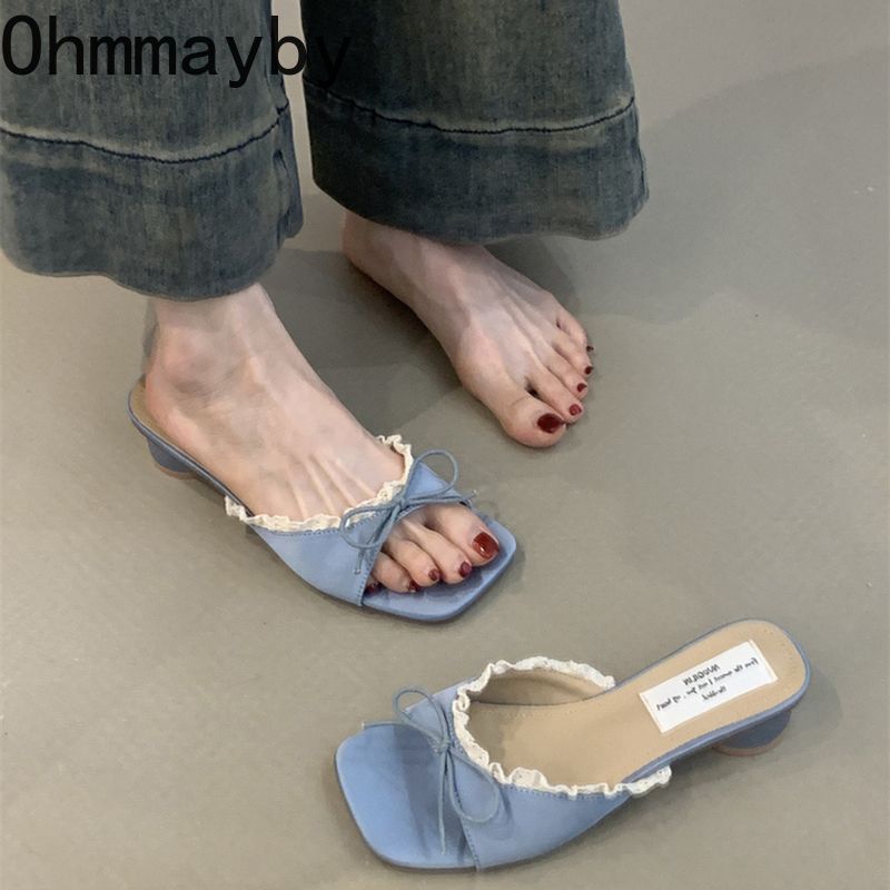 Designer Summer Butterfly-knot Lace Women Slippers Casual Thick Low Heel Dress Street Style Slides