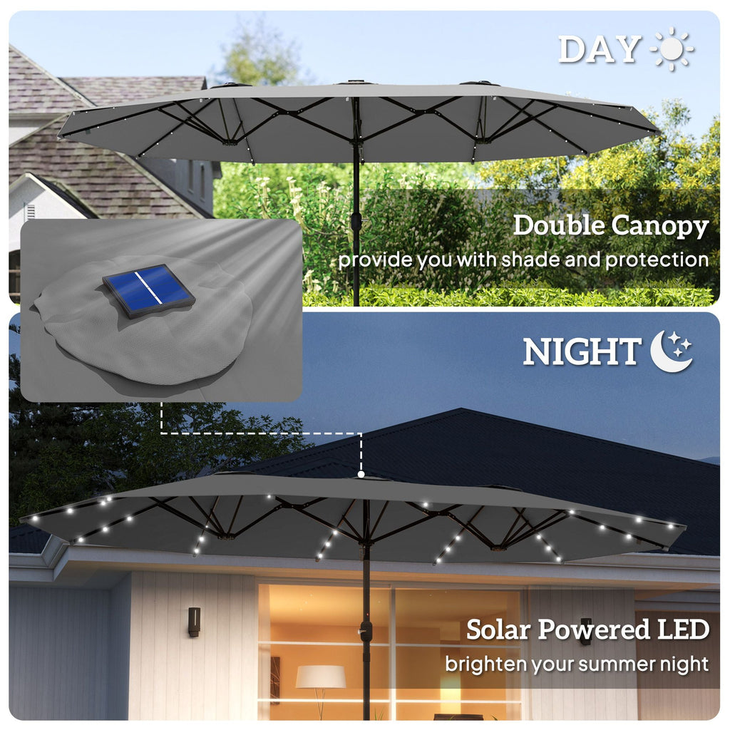 Outsunny Garden Parasol 14.4ft Double-Sided Sun Umbrella with Base, Patio Parasol with LED Solar Lights, Gray