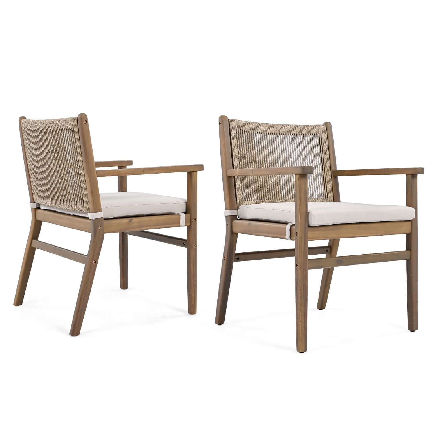 Outdoor Dining Chairs Set of 2, Acacia Wood Patio Armchair with Rope Design Back and Water Repellent Cushion, Light Brown, 400lbs Weight Capacity