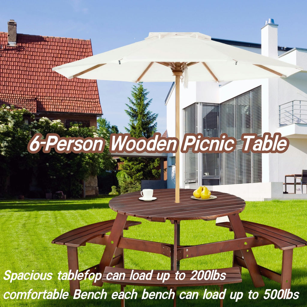 Outdoor 6 Person Picnic Table, 6 person Round Picnic Table with 3 Built-in Benches, Umbrella Hole, Outside Table and Bench Set for Garden, Backyard, Porch, Patio, Natural