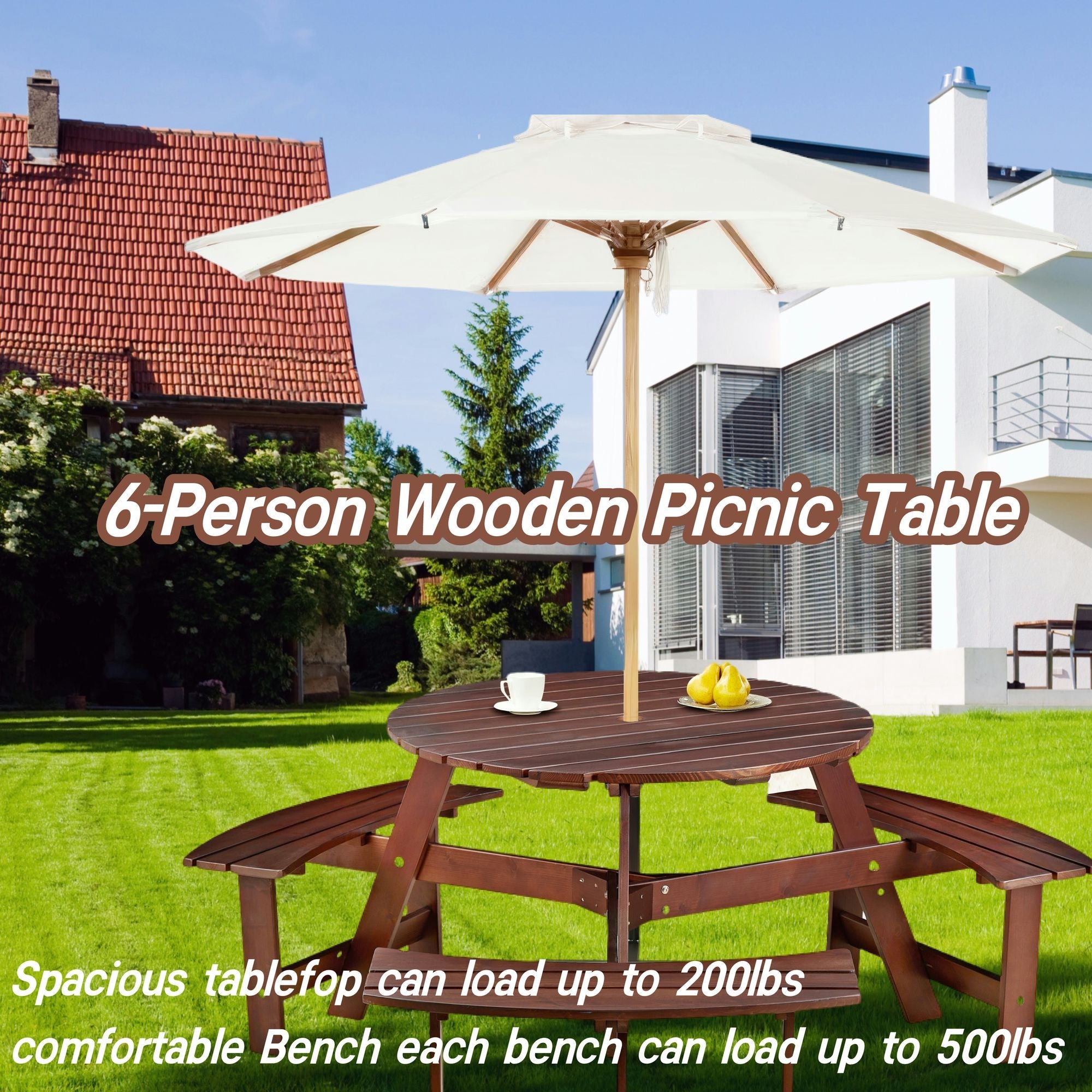 Outdoor 6 Person Picnic Table, 6 person Round Picnic Table with 3 Built-in Benches, Umbrella Hole, Outside Table and Bench Set for Garden, Backyard, Porch, Patio, Natural
