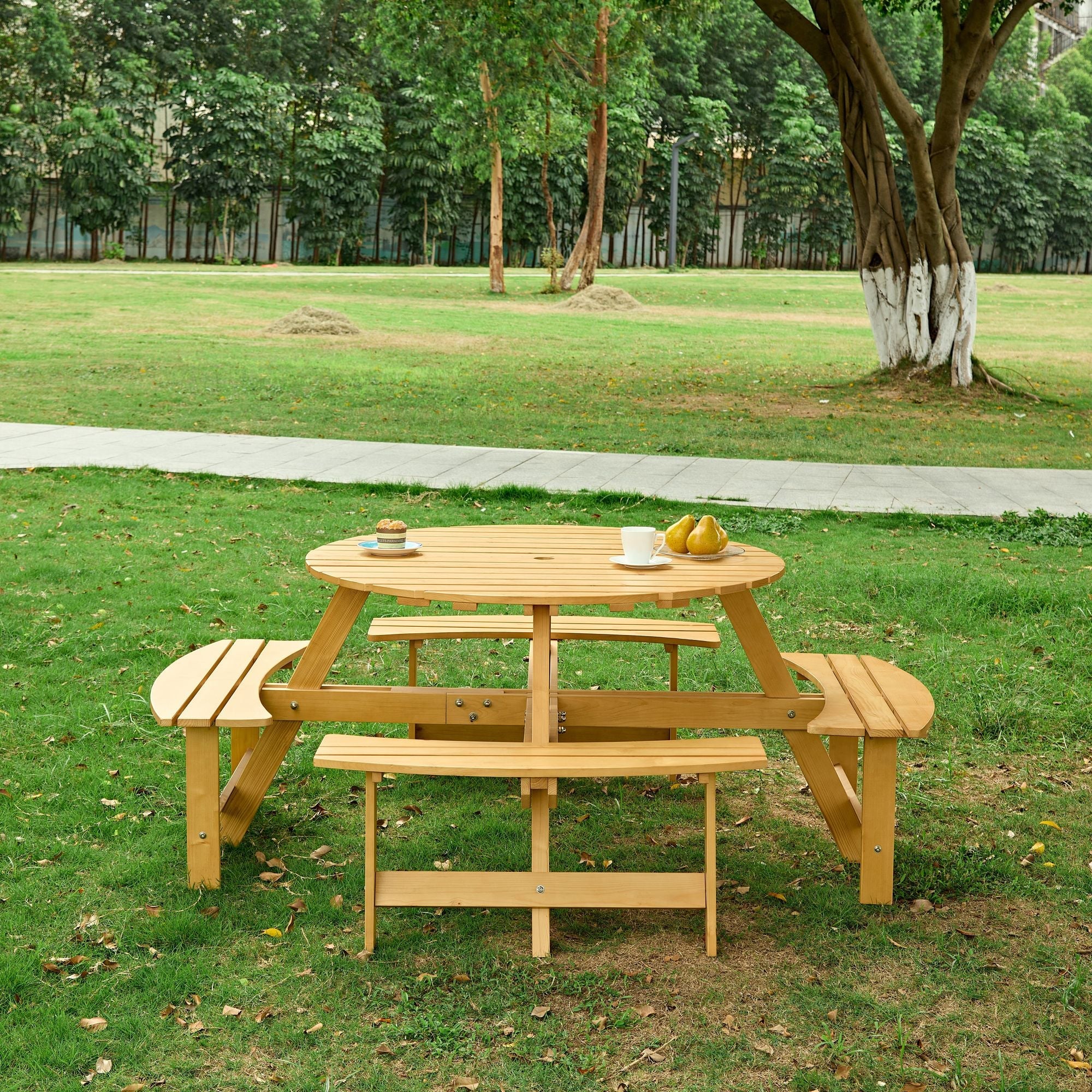 Outdoor 6 Person Picnic Table, 6 person Round Picnic Table with 3 Built-in Benches, Umbrella Hole, Outside Table and Bench Set for Garden, Backyard, Porch, Patio, Natural