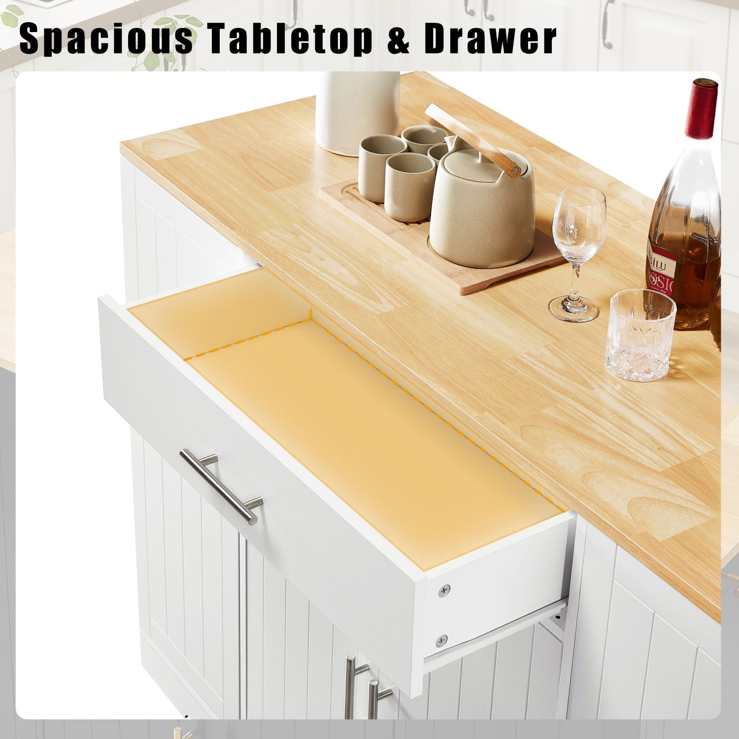 53'' Kitchen Storage Islands with Drawers and Trash Can Storage for Kitchen & Dining. Modern Farmhouse Design, White, 53.2"W x 20.9"D x 38.0"H.
