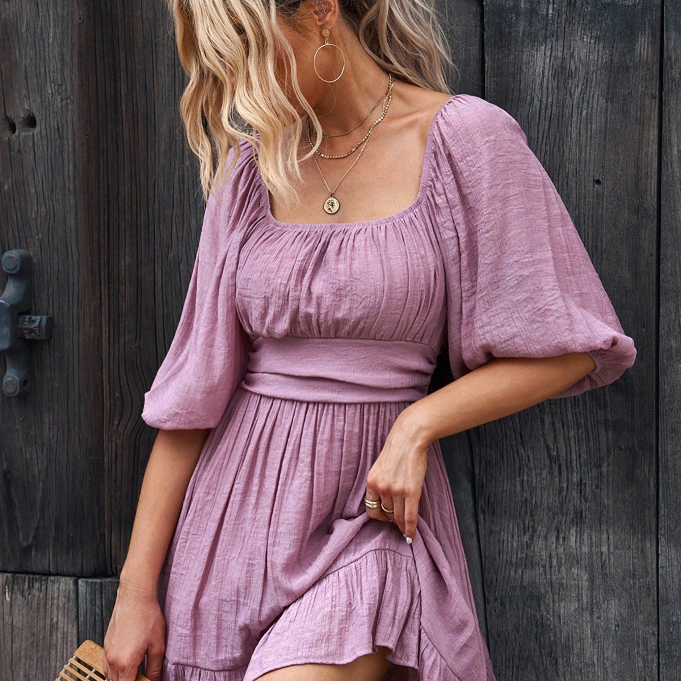 Women's Dresses Lantern Sleeves Dress; Square Neck Ruffle Back Lace Up Summer Dress; Women's Clothing