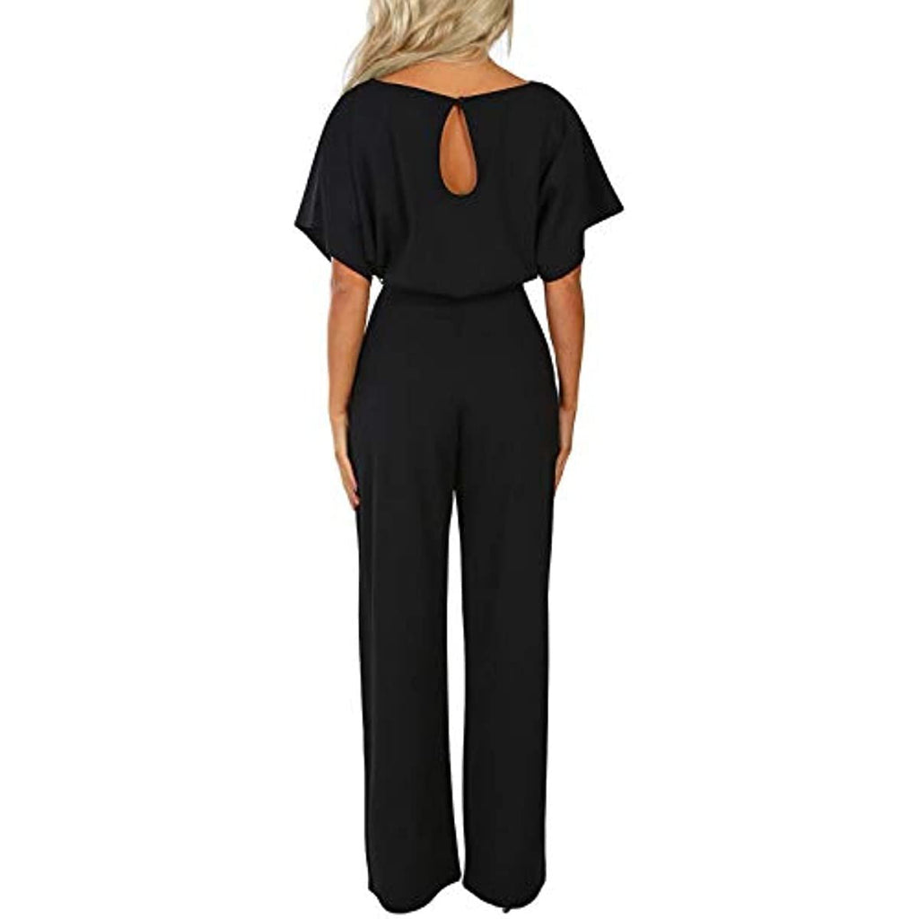 Women Casual Loose Short Sleeve Belted Wide Leg Pant Romper Jumpsuits