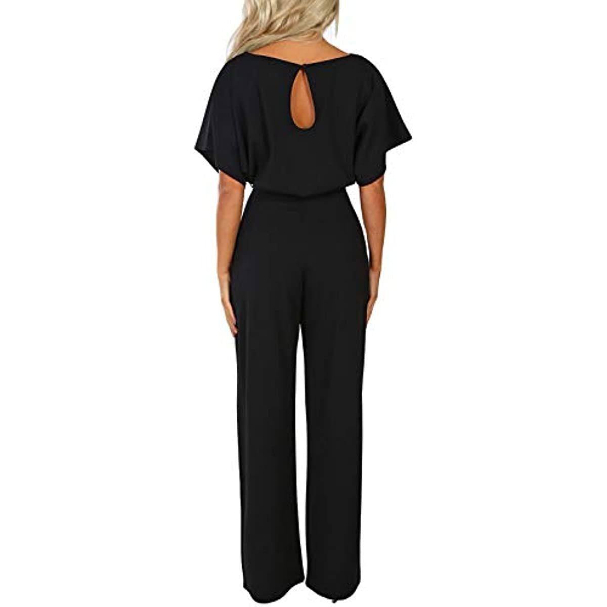 Women Casual Loose Short Sleeve Belted Wide Leg Pant Romper Jumpsuits
