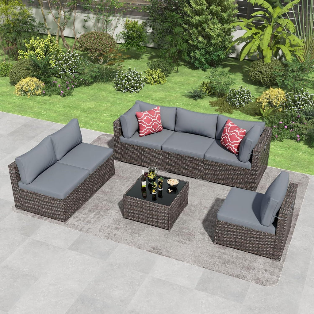 7 Pieces Outdoor Patio Furniture Set, Wicker Patio Conversation Sectional Sofa Set, All Weather PE Rattan Sofa with Glass Table and Cushions