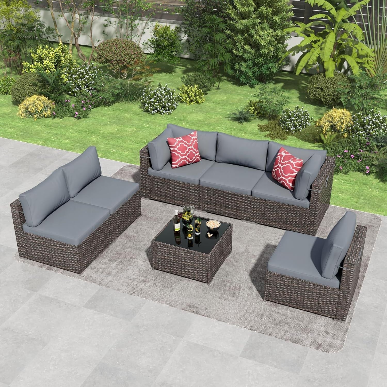7 Pieces Outdoor Patio Furniture Set, Wicker Patio Conversation Sectional Sofa Set, All Weather PE Rattan Sofa with Glass Table and Cushions