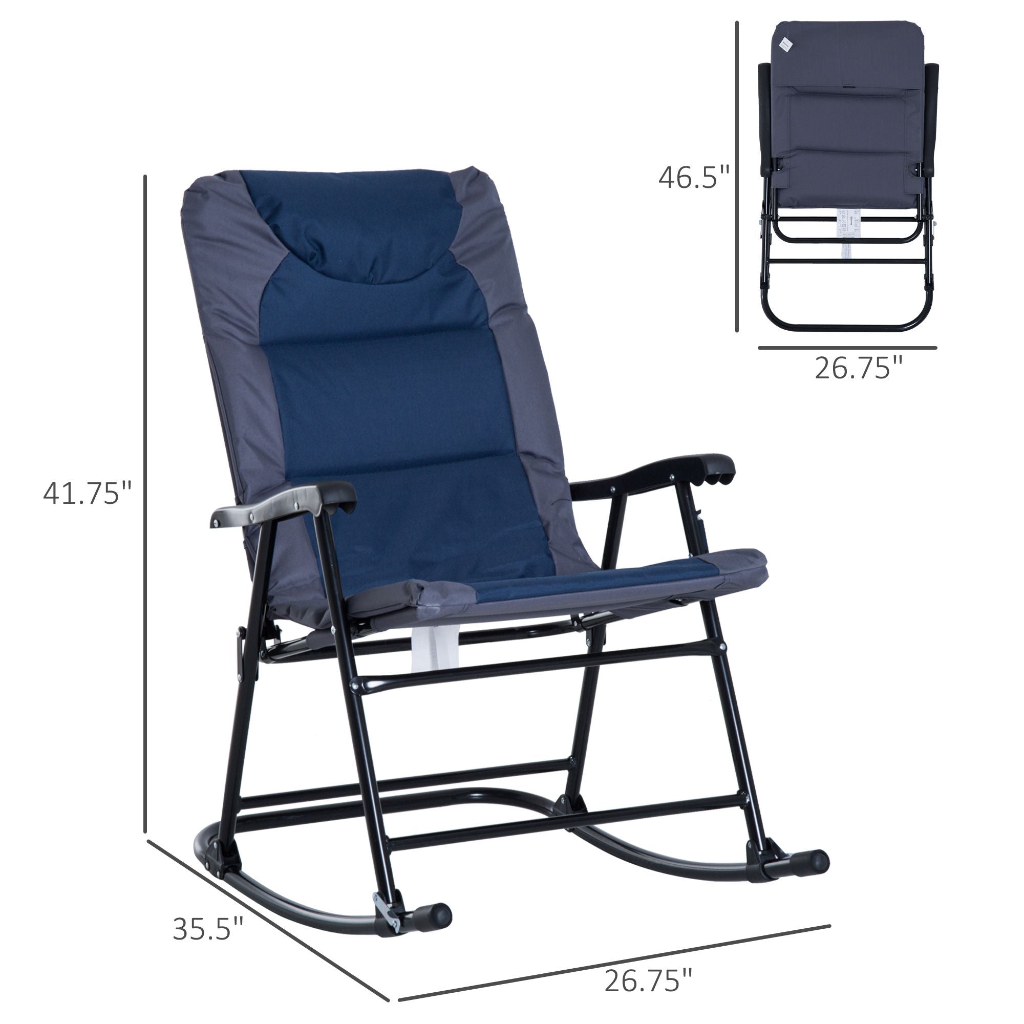 Outsunny 2 Piece Outdoor Patio Rocking Chair Set, Armrests, Padded Seat & Backrest, Navy Blue & Gray