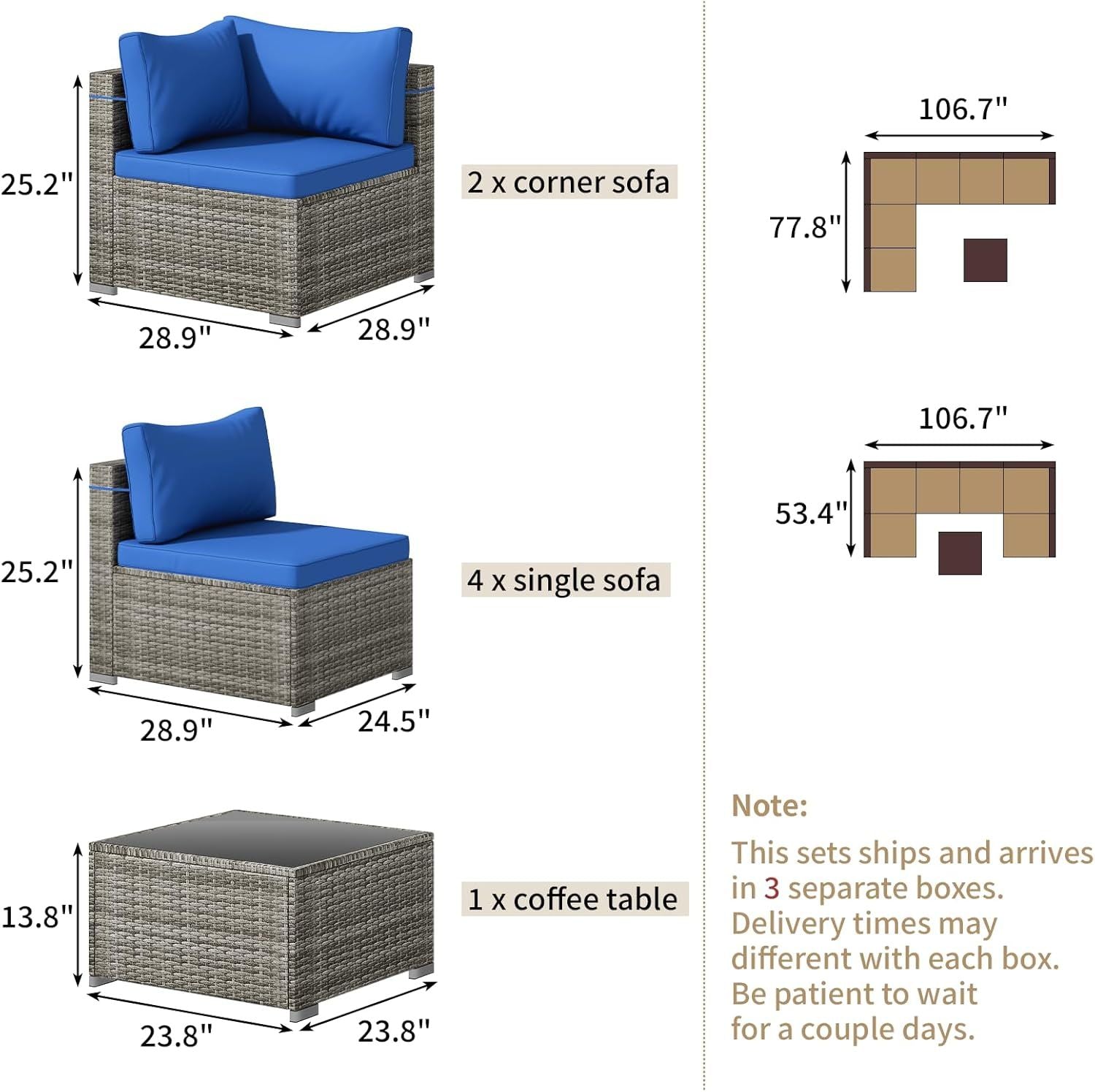 7 Pieces Outdoor Patio Furniture Set, Wicker Patio Conversation Sectional Sofa Set, All Weather PE Rattan Sofa with Glass Table and Cushions