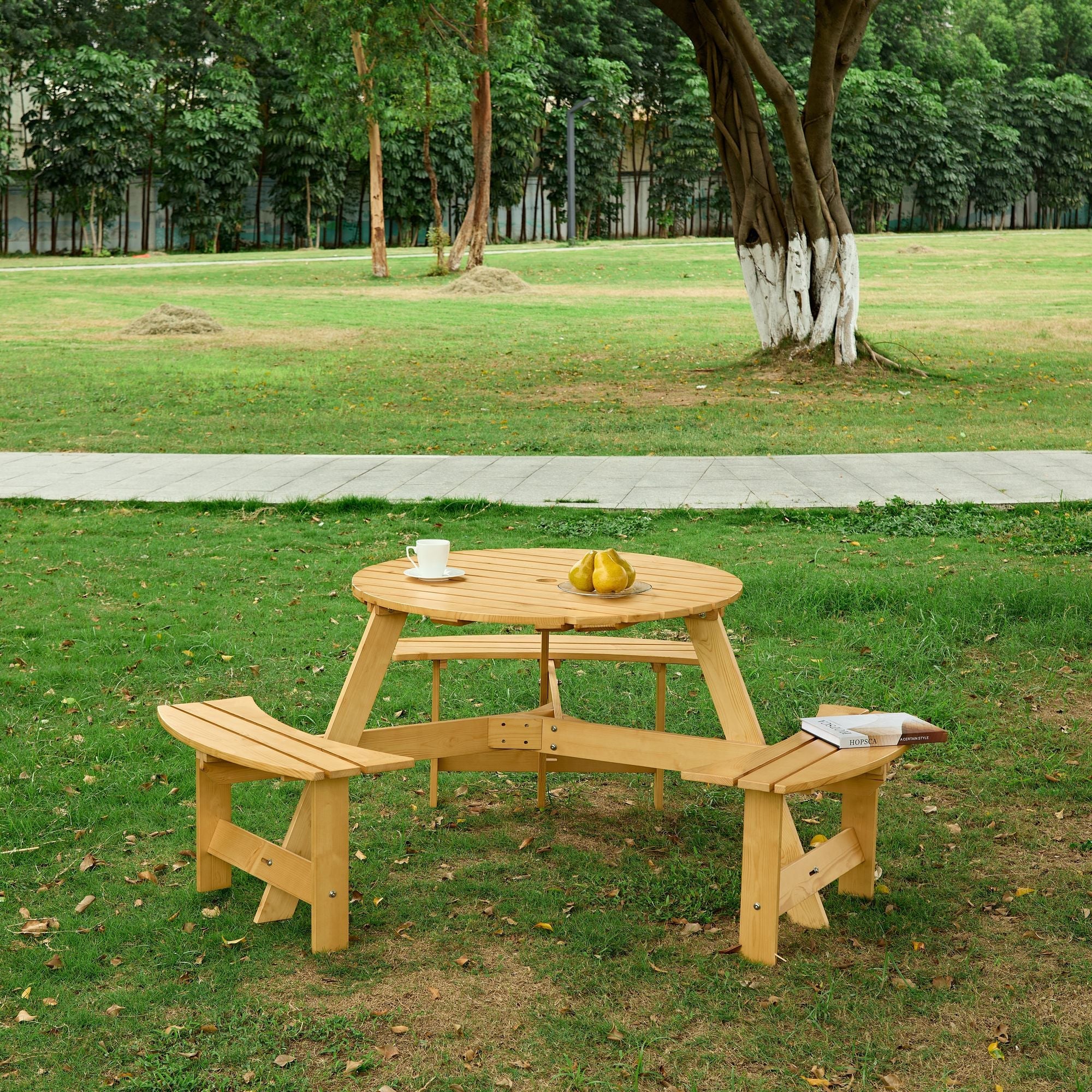 Outdoor 6 Person Picnic Table, 6 person Round Picnic Table with 3 Built-in Benches, Umbrella Hole, Outside Table and Bench Set for Garden, Backyard, Porch, Patio, Natural